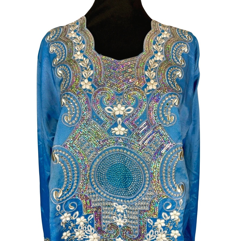 Luxurious Blue Kaftan Abaya Embellished Maxi Dress Long Sleeve‎ - Picture 2 of 5